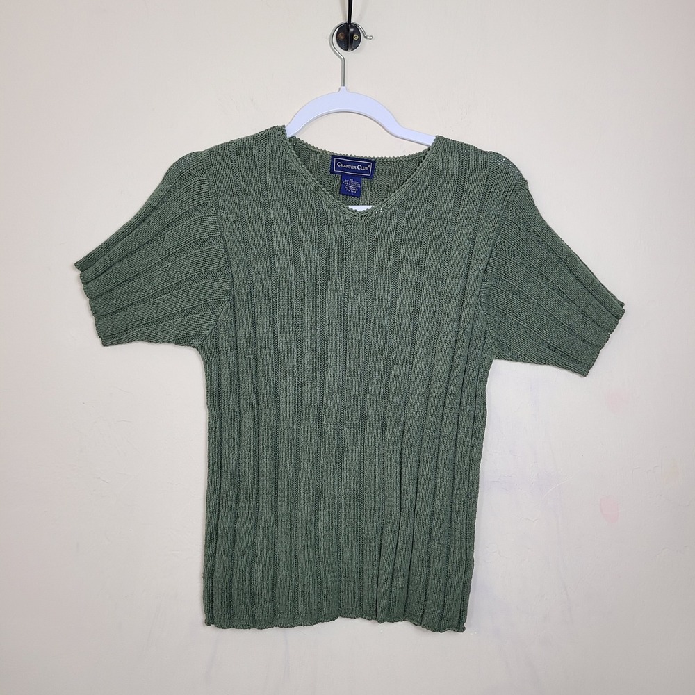 Dark Green Chunky Ribbed Knit Womens M‎ Short Sleeve Sweater Normcore Minimalist